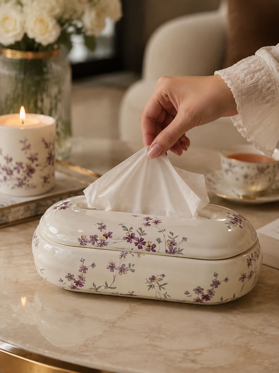جا دستمال کاغذی درب دار سرامیکی طرح دار